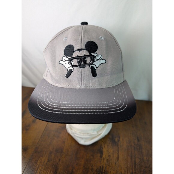 Disney Parks Mickey Mouse Glasses Flat Brim Hat Gray Snap Back Embroidered Cap - Picture 1 of 11